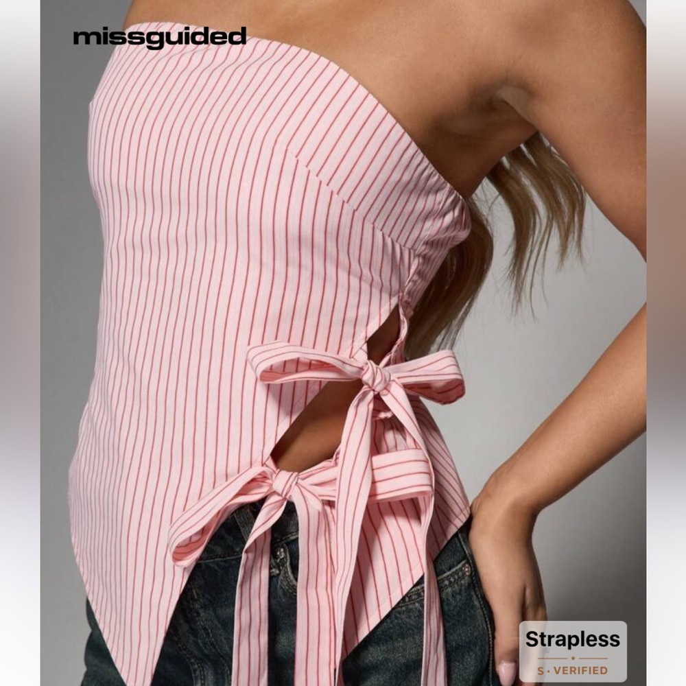 MISSGUIDED Strapless Bandeau Top With Side Bow Tie Pink Pin Striped Women's Top - Picture 11 of 11